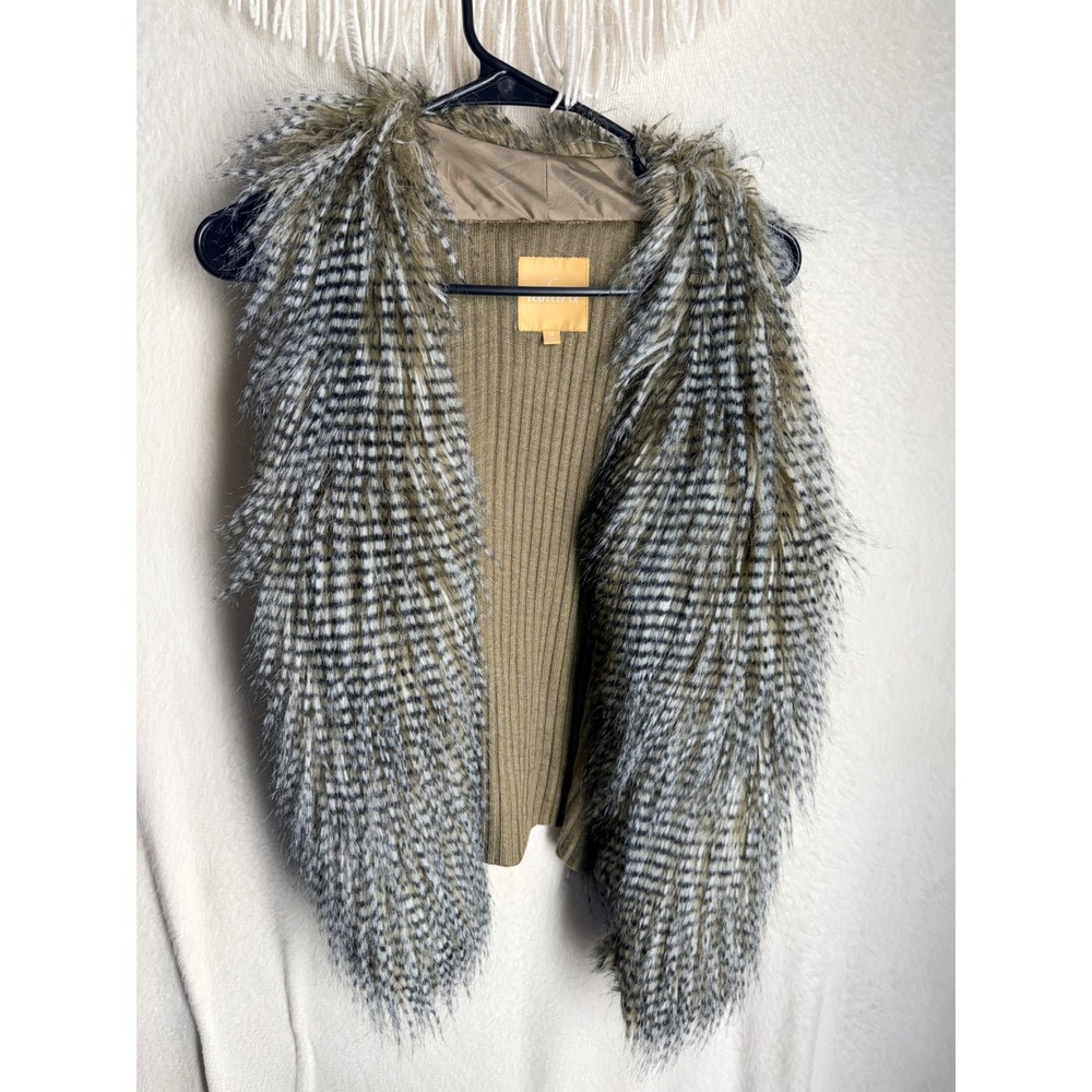 Takara Womens Faux Fur Ribbed Knit Back Open Front Vest Olive Green Medium